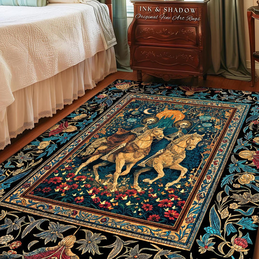 Golden Starlight Skeleton Accent Rug | Baroque Gothic Garden Castle Scene Celestial Horsemen Dreamy Floral Fantasy Macabre Couple Home Decor