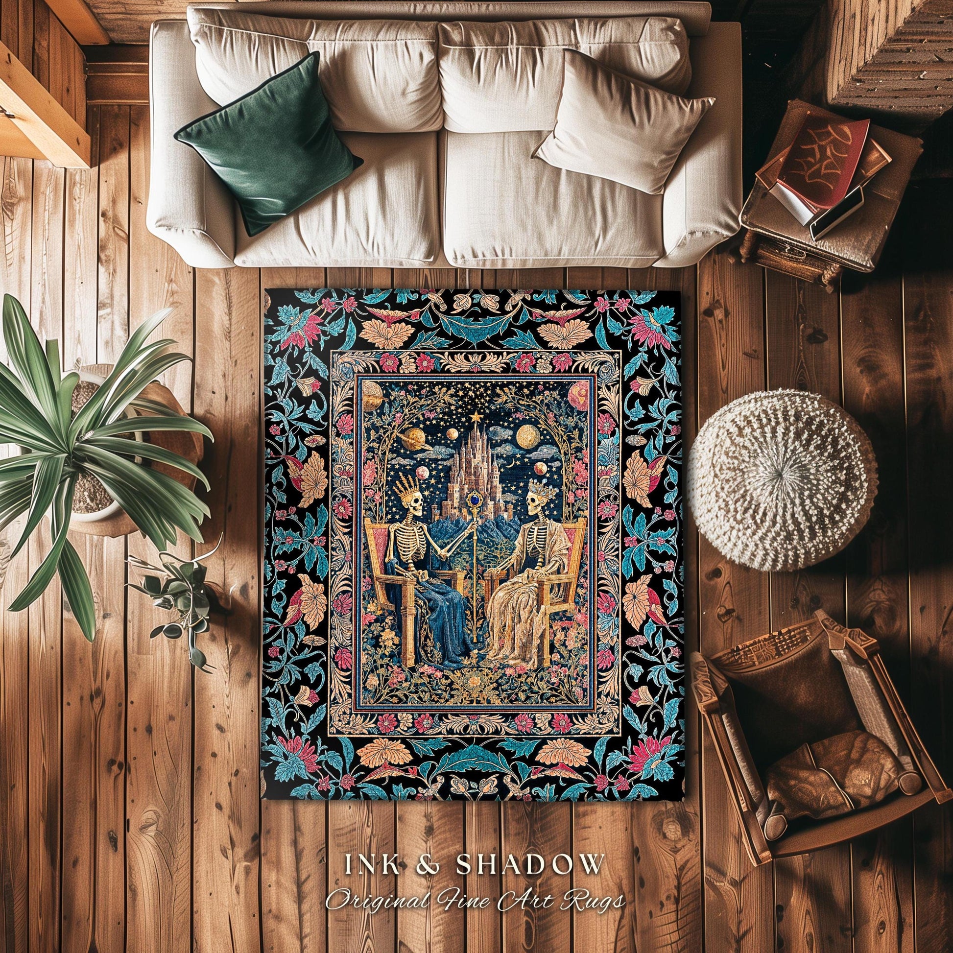 Celestial Skeleton Couple Baroque Rug | Goth Regal Romance Castle King & Queen Whimsical Lovers Magic Fantasy Decor Mystical Bedroom Accent