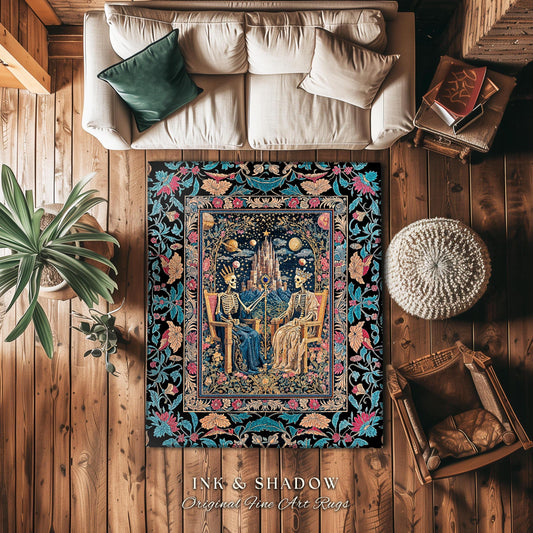 Celestial Skeleton Couple Baroque Rug | Goth Regal Romance Castle King & Queen Whimsical Lovers Magic Fantasy Decor Mystical Bedroom Accent