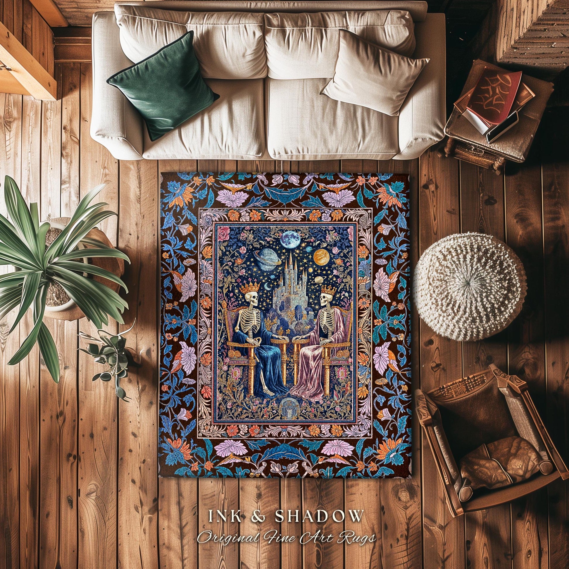 Maximalist Skeleton Royals Pastel Area Rug | Castle Couple Celestial Gothic Moonlit Fairytale Scene Baroque Floral Crowned Lovers Accent Rug