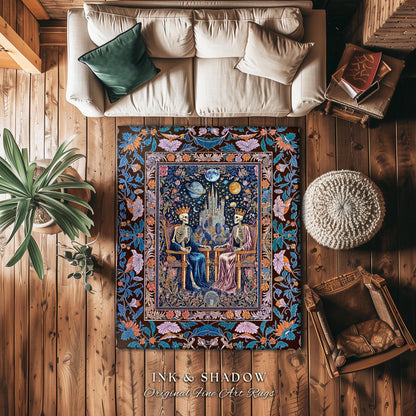 Maximalist Skeleton Royals Pastel Area Rug | Castle Couple Celestial Gothic Moonlit Fairytale Scene Baroque Floral Crowned Lovers Accent Rug