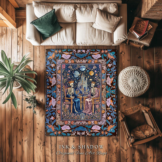 Maximalist Skeleton Royals Pastel Area Rug | Castle Couple Celestial Gothic Moonlit Fairytale Scene Baroque Floral Crowned Lovers Accent Rug