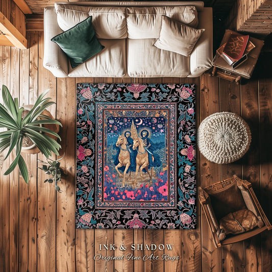 Poppy Field Skeleton Couple Area Rug | Floral Baroque Castle Aesthetic Celestial Horsemen Gothic Lovers Fantasy Bedroom Accent Mystic Decor