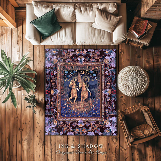 Victorian Gothic Pastel Skeletons Area Rug | Dark Academia Gothic Lavender Purple Castle Fantasy Bedroom Accent Ethereal Horsemen Haunted |
