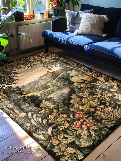 Medieval Meadow Area Rug | Rustic Fairytale Castle Landscape Woodland Fairy Folklore Princesscore Aesthetic Mystic Victorian Floral Accent |