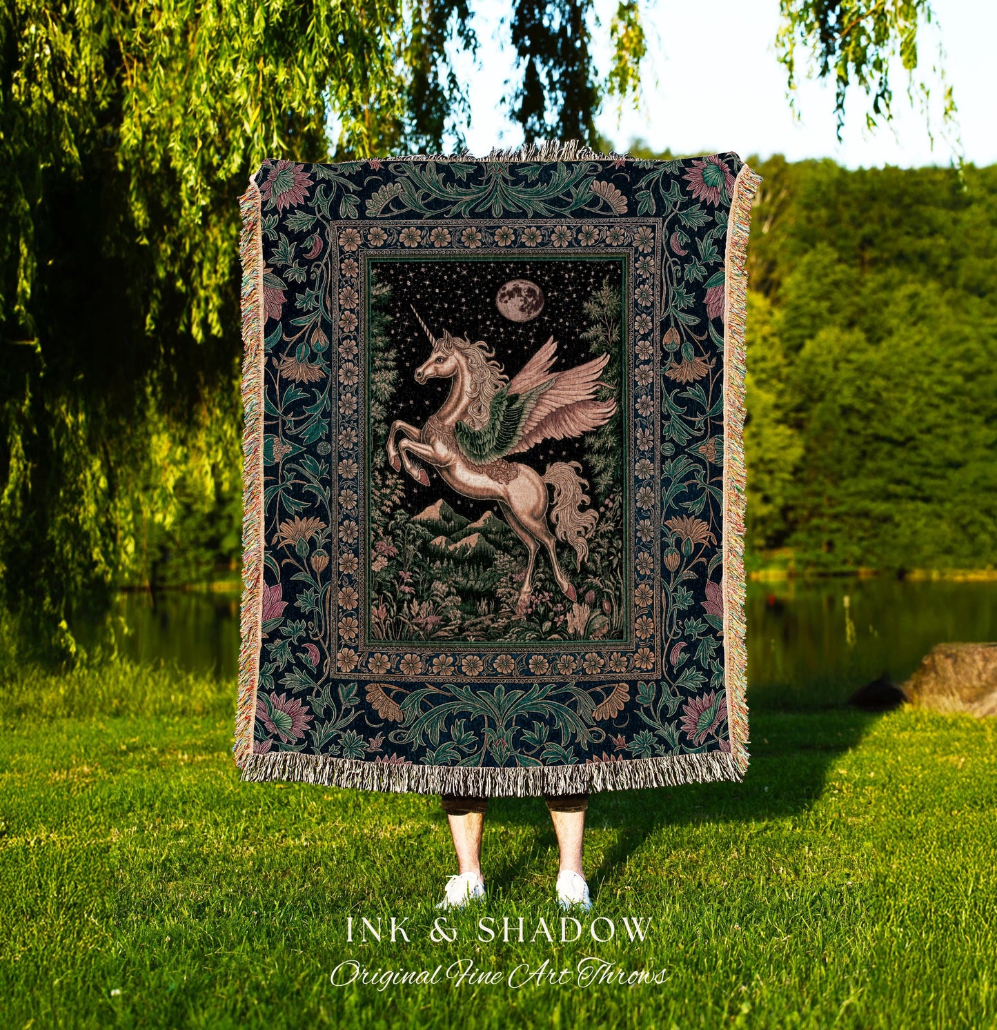 Winged Unicorn Full Moon Fantasy Tapestry | Enchanted Forest Fairytale Decor Baroque Regal Castlecore Romantic Maximalist Throw Blanket Goth