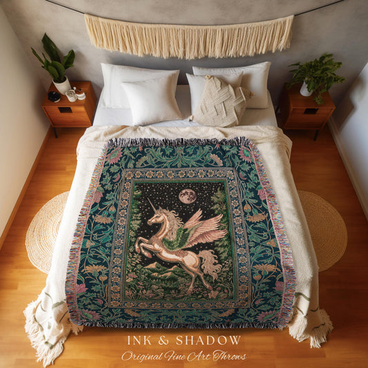 Winged Unicorn Full Moon Fantasy Tapestry | Enchanted Forest Fairytale Decor Baroque Regal Castlecore Romantic Maximalist Throw Blanket Goth