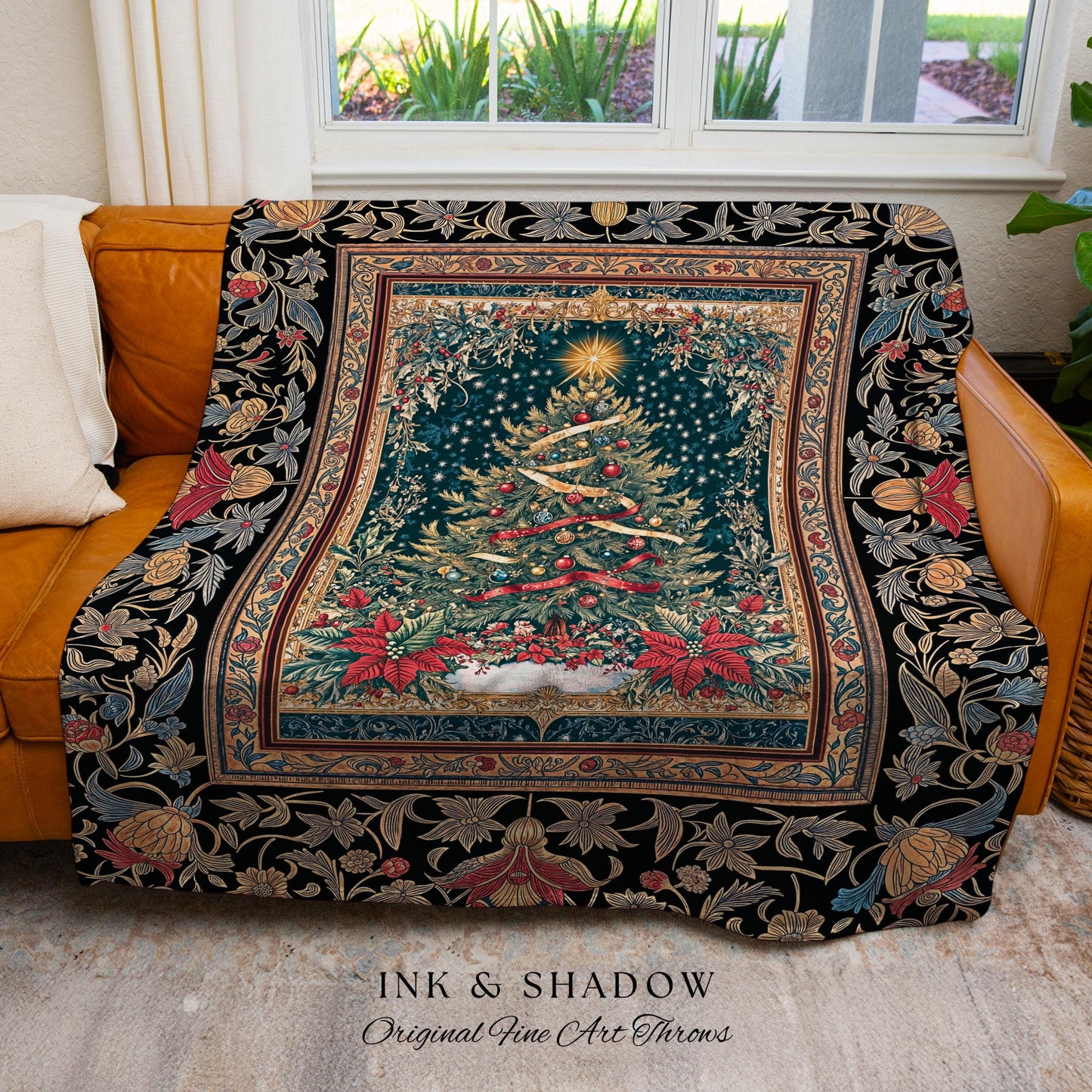 Gothic Floral Xmas Tree Blanket | Festive Baroque Style Woven Tapestry Vintage Holiday Decor Cozy Winter Aesthetic Heirloom Rustic Christmas