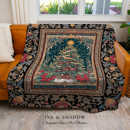 Gothic Floral Xmas Tree Blanket | Festive Baroque Style Woven Tapestry Vintage Holiday Decor Cozy Winter Aesthetic Heirloom Rustic Christmas