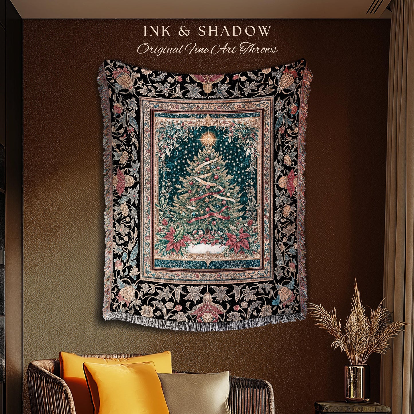 Gothic Floral Xmas Tree Blanket | Festive Baroque Style Woven Tapestry Vintage Holiday Decor Cozy Winter Aesthetic Heirloom Rustic Christmas