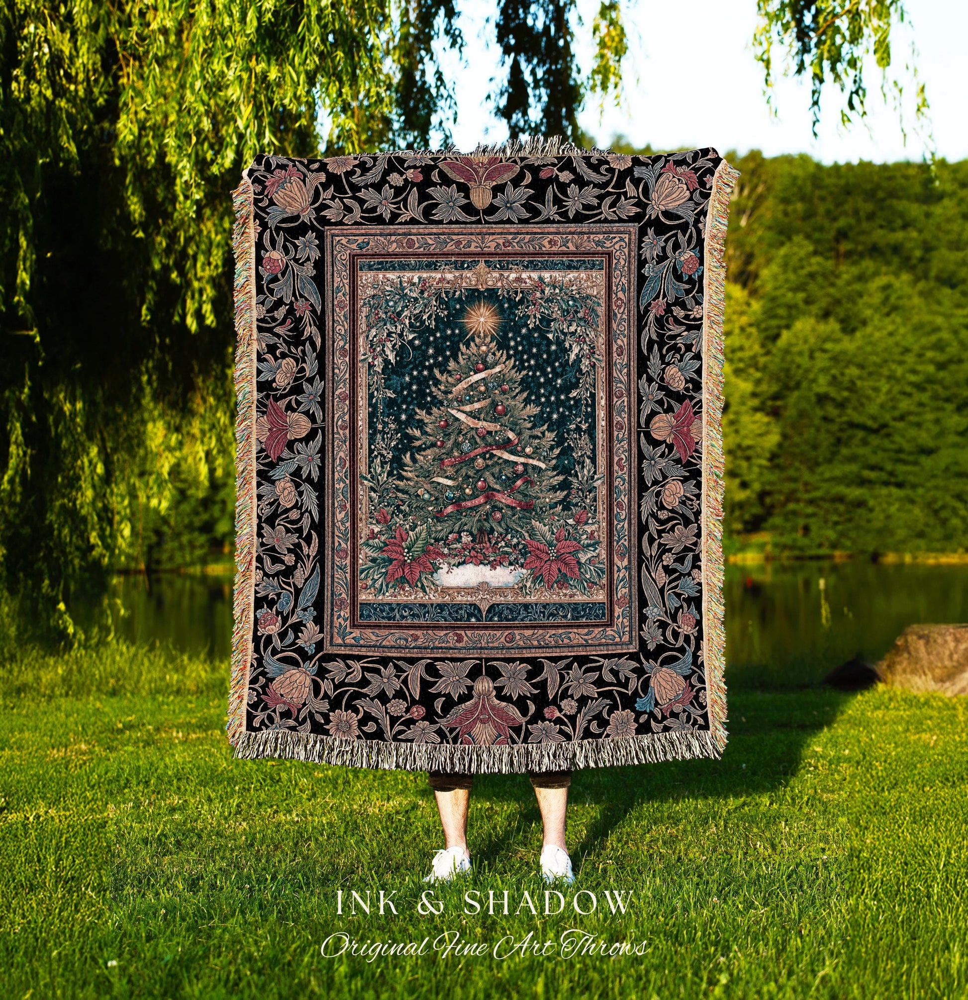 Gothic Floral Xmas Tree Blanket | Festive Baroque Style Woven Tapestry Vintage Holiday Decor Cozy Winter Aesthetic Heirloom Rustic Christmas