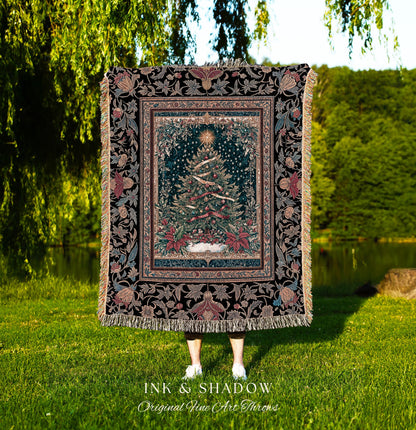 Gothic Floral Xmas Tree Blanket | Festive Baroque Style Woven Tapestry Vintage Holiday Decor Cozy Winter Aesthetic Heirloom Rustic Christmas