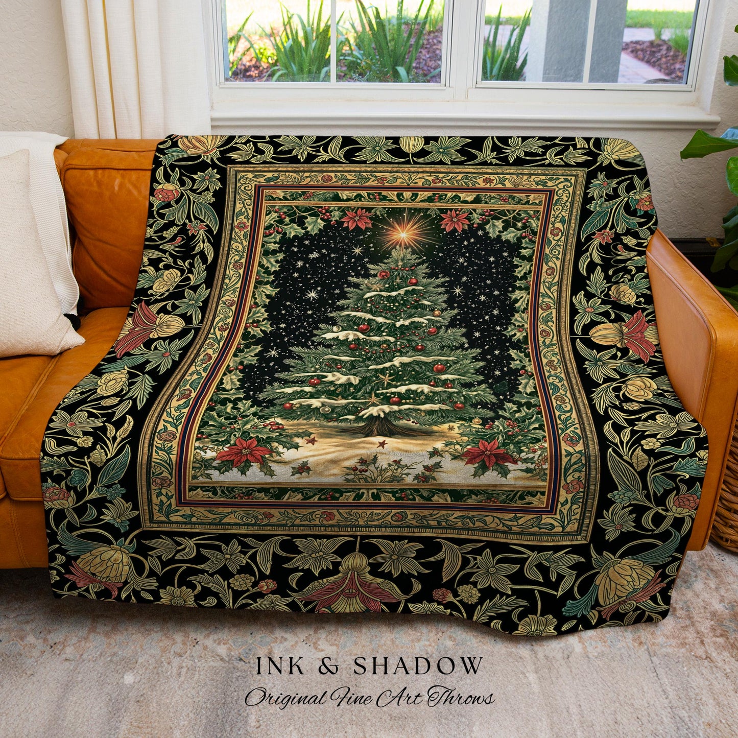 Sage Green Xmas Tree Throw Blanket | Cozy Winter Woven Tapestry Victorian Style Festive Decor Poinsettia Cottagecore Christmas Aesthetic |