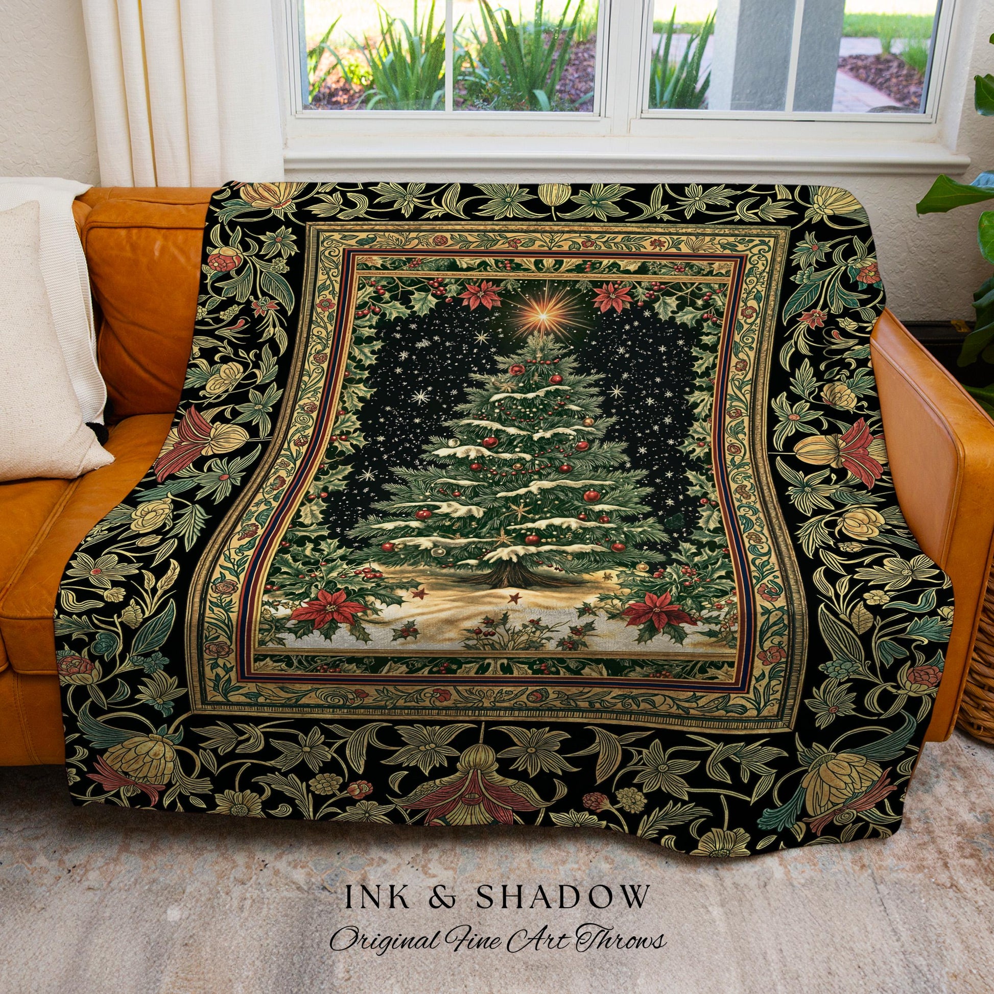 Sage Green Xmas Tree Throw Blanket | Cozy Winter Woven Tapestry Victorian Style Festive Decor Poinsettia Cottagecore Christmas Aesthetic |