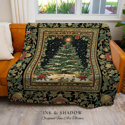 Sage Green Xmas Tree Throw Blanket | Cozy Winter Woven Tapestry Victorian Style Festive Decor Poinsettia Cottagecore Christmas Aesthetic |