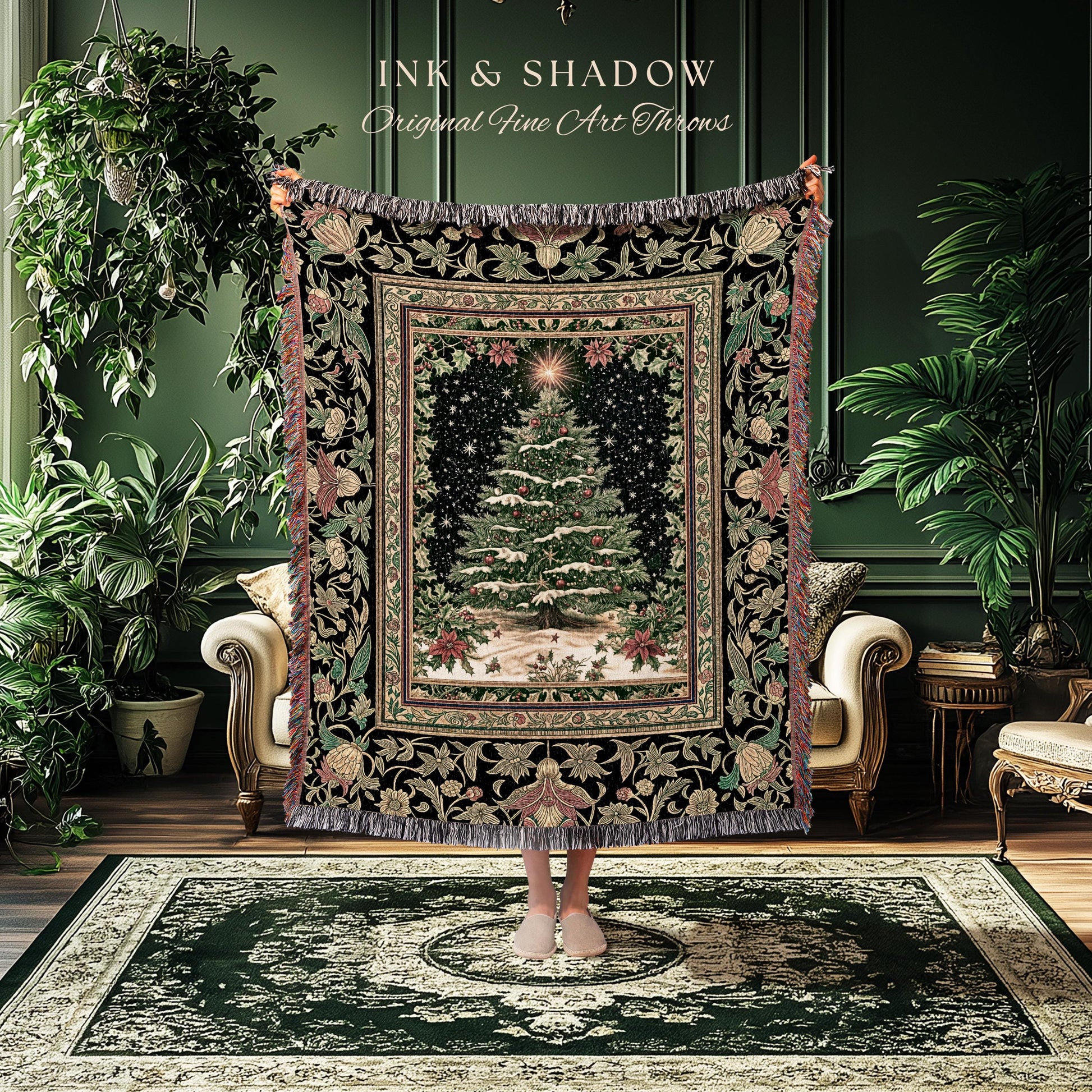 Sage Green Xmas Tree Throw Blanket | Cozy Winter Woven Tapestry Victorian Style Festive Decor Poinsettia Cottagecore Christmas Aesthetic |