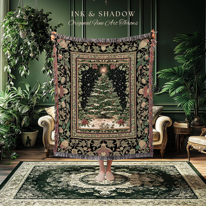 Sage Green Xmas Tree Throw Blanket | Cozy Winter Woven Tapestry Victorian Style Festive Decor Poinsettia Cottagecore Christmas Aesthetic |