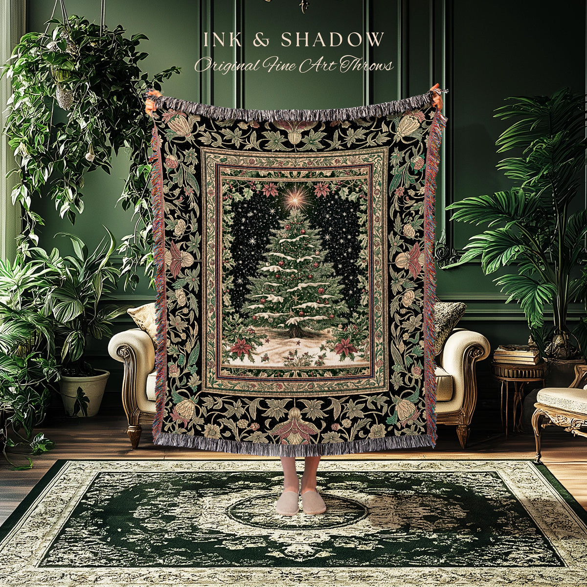 Sage Green Xmas Tree Woven Holiday Blanket | Cozy Winter Christmas Cottagecore Tapestry Throw Whimsical Victorian Style Festive Home Decor