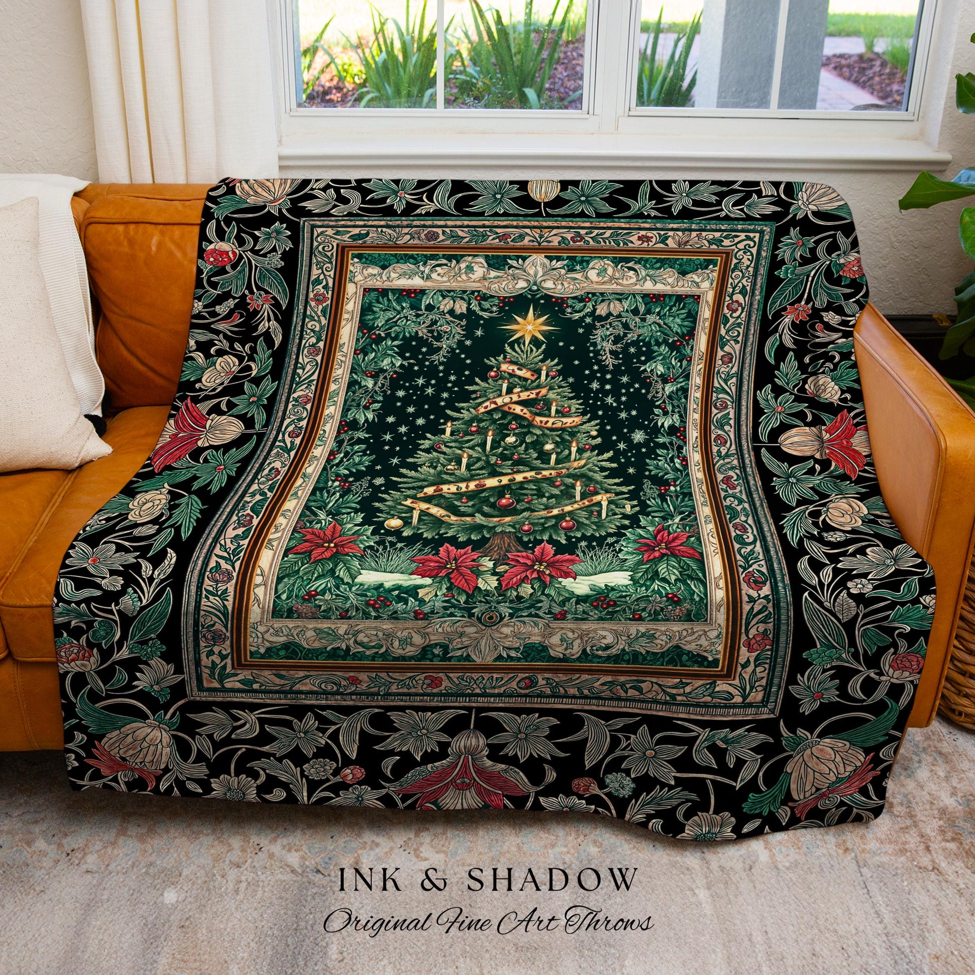 Rustic Festive Holiday Blanket | Victorian Style Christmas Tree Tapestry Cozy Festive Decor Cottagecore Winter Floral Border Heirloom Throw
