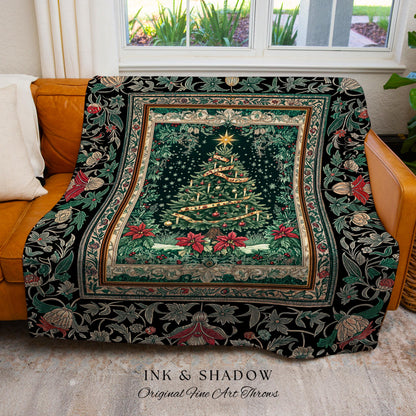 Rustic Festive Holiday Blanket | Victorian Style Christmas Tree Tapestry Cozy Festive Decor Cottagecore Winter Floral Border Heirloom Throw