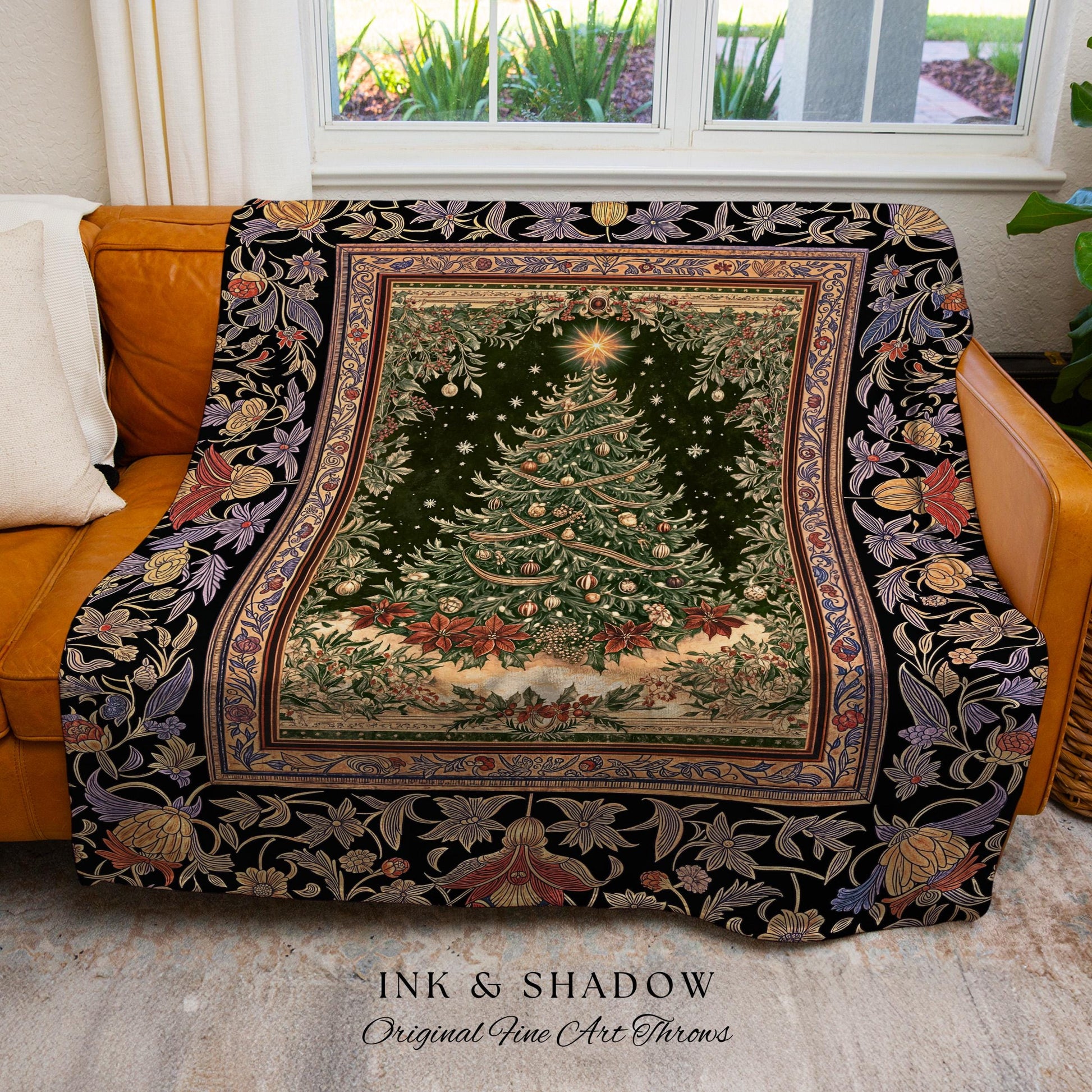 Warm & Cozy Christmas Tree Throw | Festive Vintage Holiday Tapestry Cozy Winter Blanket Decorative Floral Victorian Style Xmas Aesthetic |