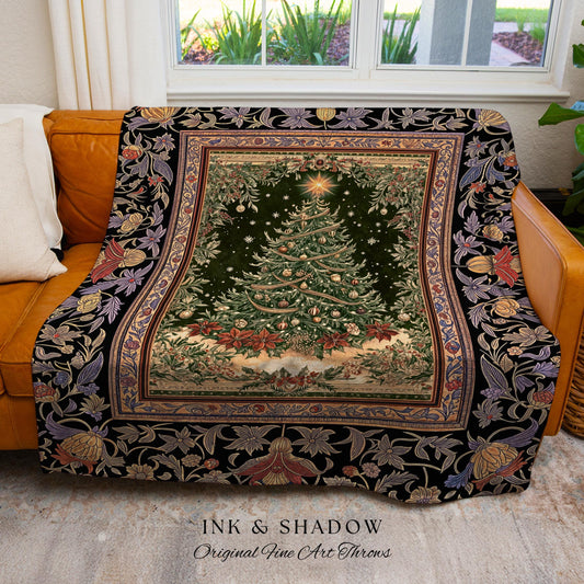 Warm & Cozy Christmas Tree Throw | Festive Vintage Holiday Tapestry Cozy Winter Blanket Decorative Floral Victorian Style Xmas Aesthetic |