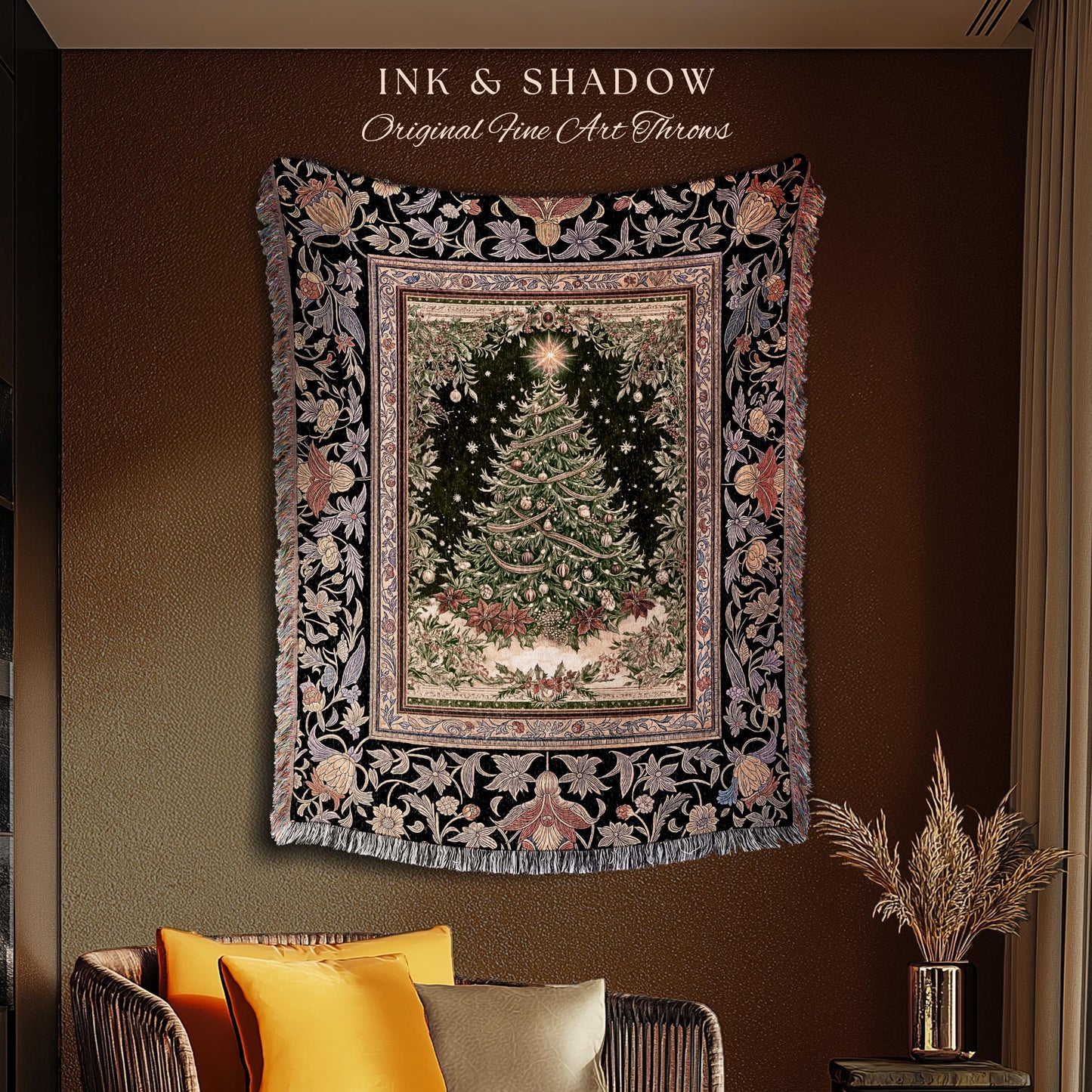 Warm & Cozy Christmas Tree Throw | Festive Vintage Holiday Tapestry Cozy Winter Blanket Decorative Floral Victorian Style Xmas Aesthetic |