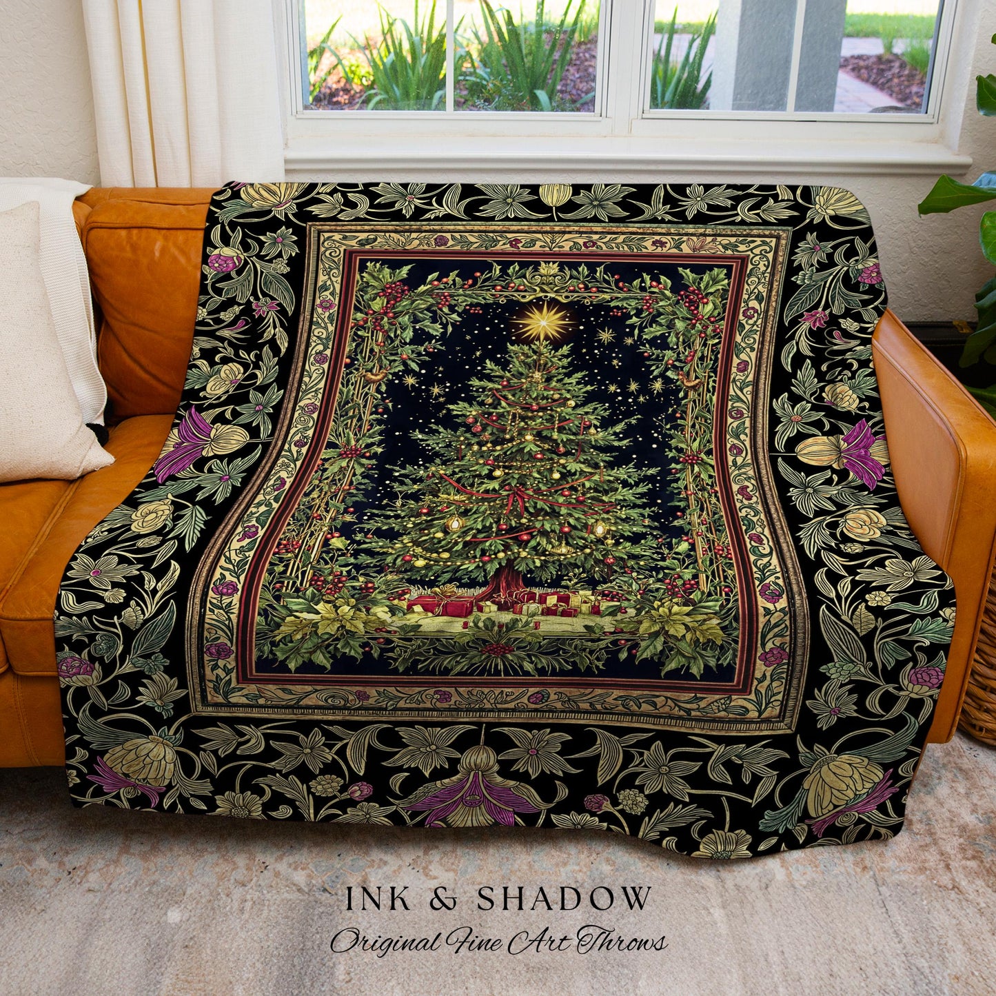 Retro Christmas Tree Ornate Tapestry | Classic Holiday Blanket Whimsical Holy Night Decor Vintage Floral Cozy Cottagecore Winter Aesthetic |
