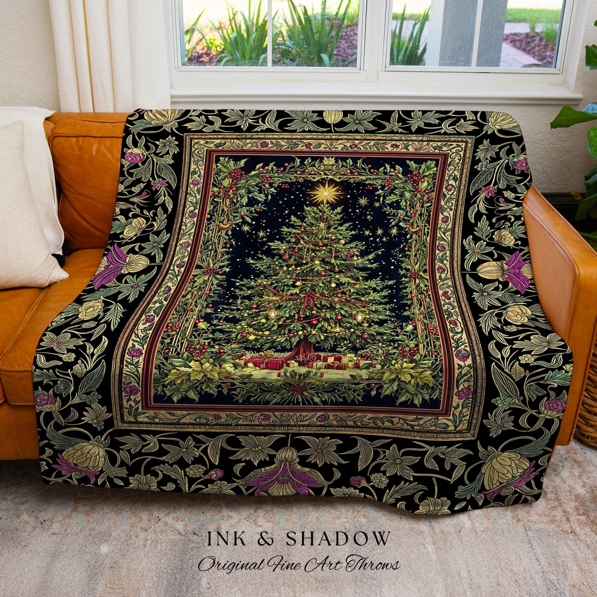 Retro Christmas Tree Ornate Tapestry | Classic Holiday Blanket Whimsical Holy Night Decor Vintage Floral Cozy Cottagecore Winter Aesthetic |