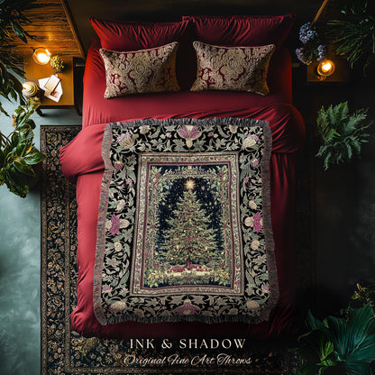 Retro Christmas Tree Ornate Tapestry | Classic Holiday Blanket Whimsical Holy Night Decor Vintage Floral Cozy Cottagecore Winter Aesthetic |