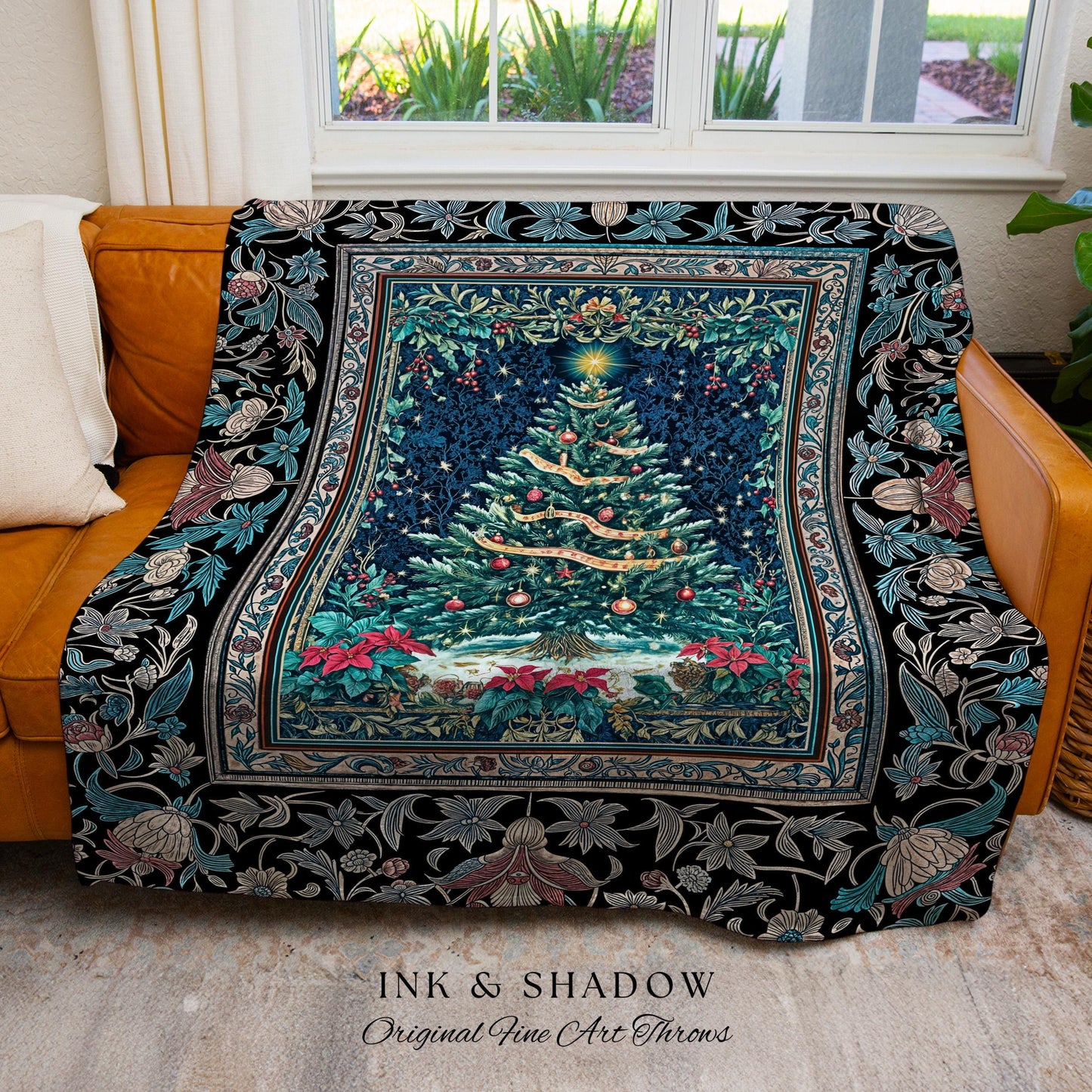 Moody Winter Christmas Tree Blanket | Snowy Aesthetic Holiday Woven Tapestry Cozy Decor Vintage Floral Cottagecore Festive Throw Rustic Gift
