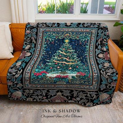 Moody Winter Christmas Tree Blanket | Snowy Aesthetic Holiday Woven Tapestry Cozy Decor Vintage Floral Cottagecore Festive Throw Rustic Gift