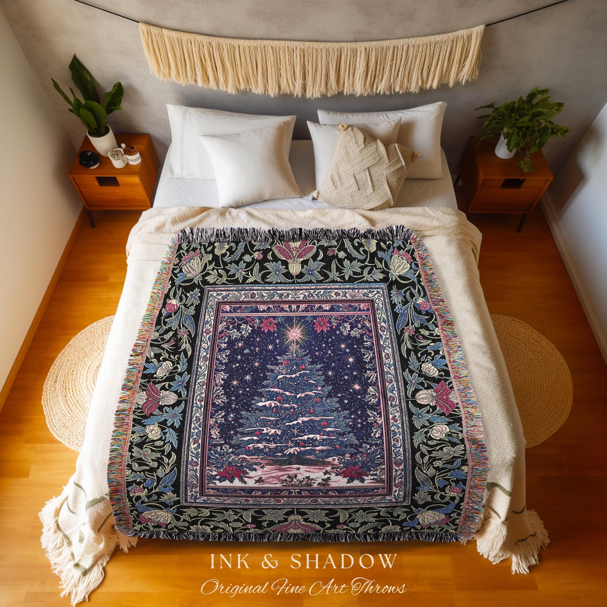 Cozy Purple Winter Tree Blanket | Christmas Holiday Tapestry Cozy Starry Night Decor Woven Throw Vintage Accent Cottagecore Blanket Xmas |