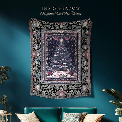 Cozy Purple Winter Tree Blanket | Christmas Holiday Tapestry Cozy Starry Night Decor Woven Throw Vintage Accent Cottagecore Blanket Xmas |