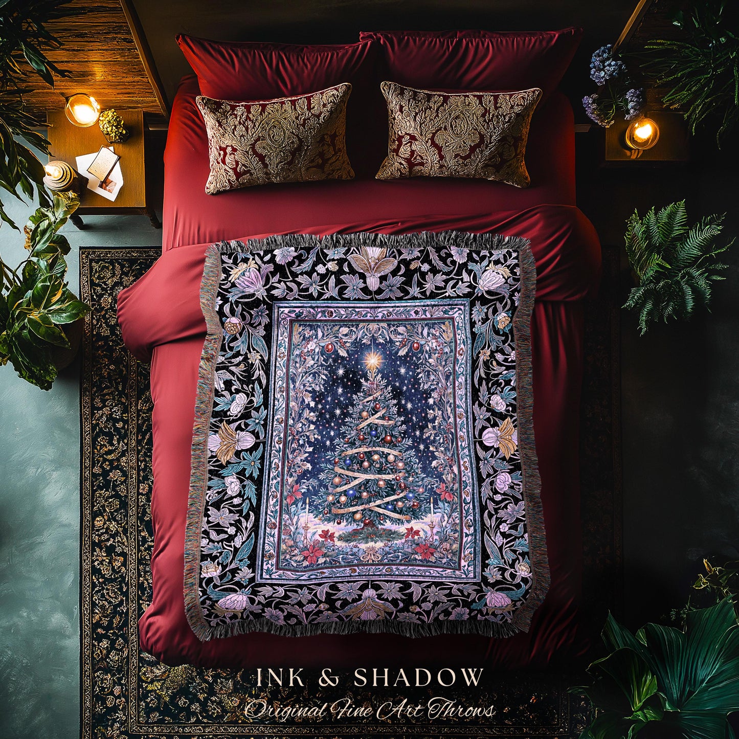 Radiant Lights Christmas Tree Blanket | Holiday Woven Wall Tapestry Cottagecore Winter Throw Vintage Accent Cozy Festive Decor Starry Night