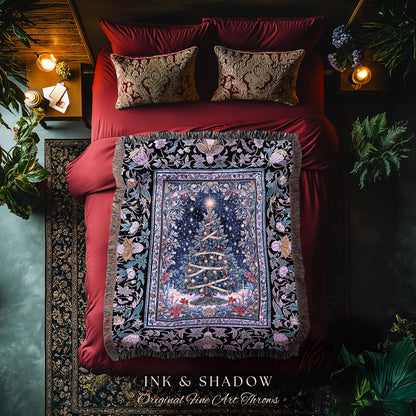 Radiant Lights Christmas Tree Blanket | Holiday Woven Wall Tapestry Cottagecore Winter Throw Vintage Accent Cozy Festive Decor Starry Night