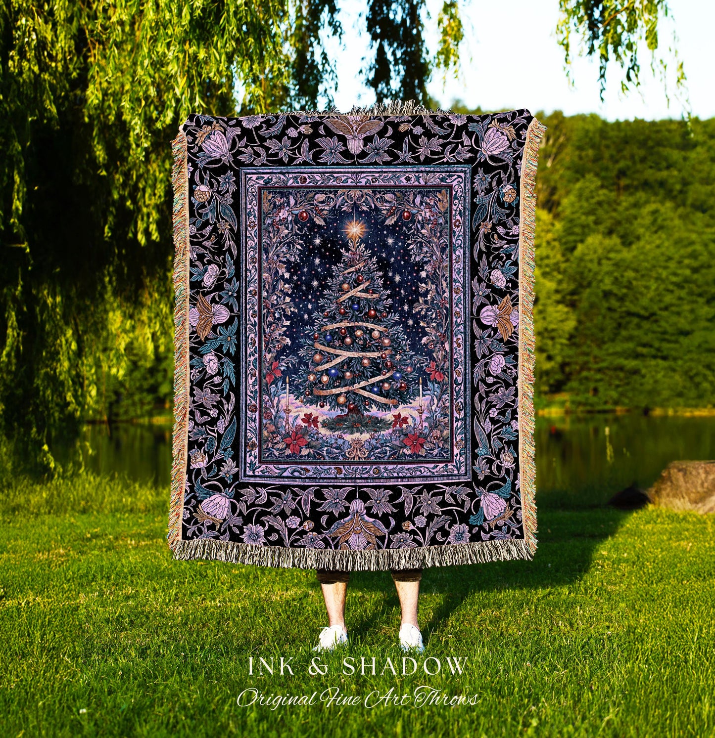 Radiant Lights Christmas Tree Blanket | Holiday Woven Wall Tapestry Cottagecore Winter Throw Vintage Accent Cozy Festive Decor Starry Night