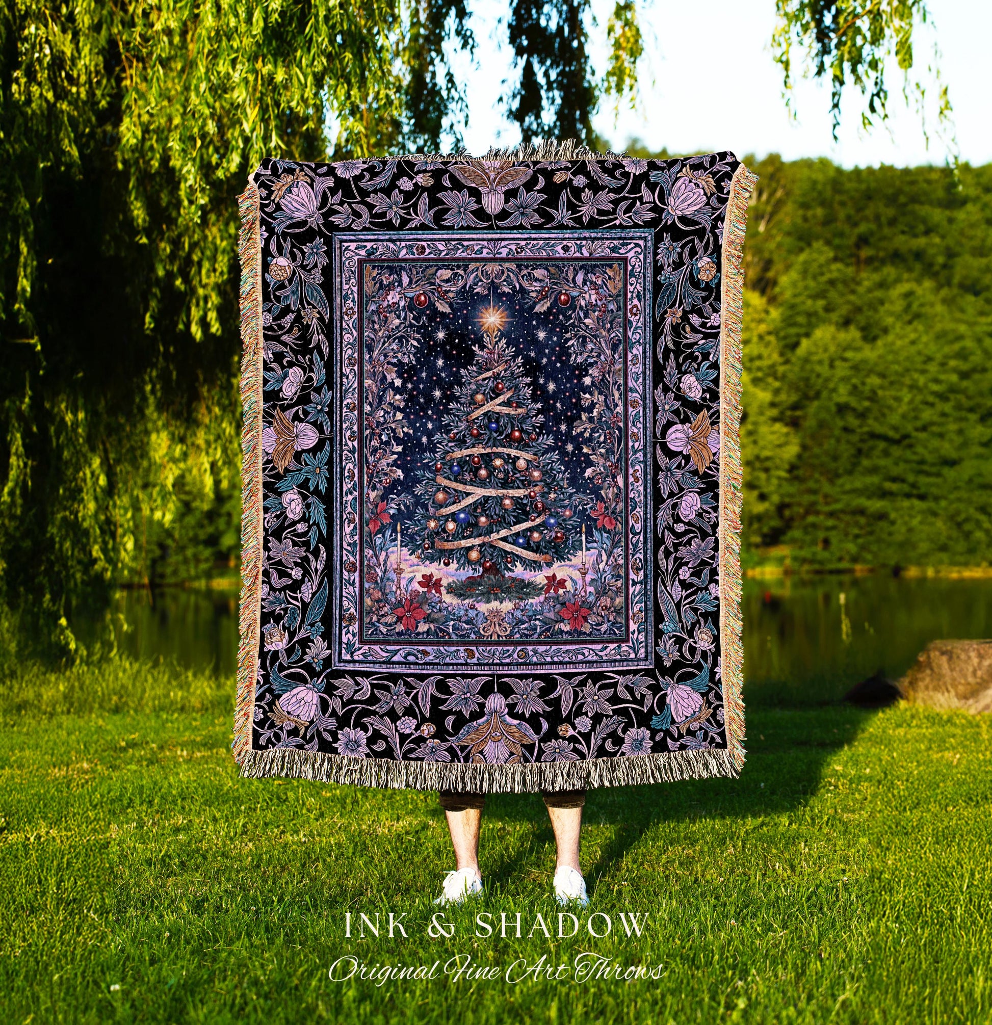 Radiant Lights Christmas Tree Blanket | Holiday Woven Wall Tapestry Cottagecore Winter Throw Vintage Accent Cozy Festive Decor Starry Night