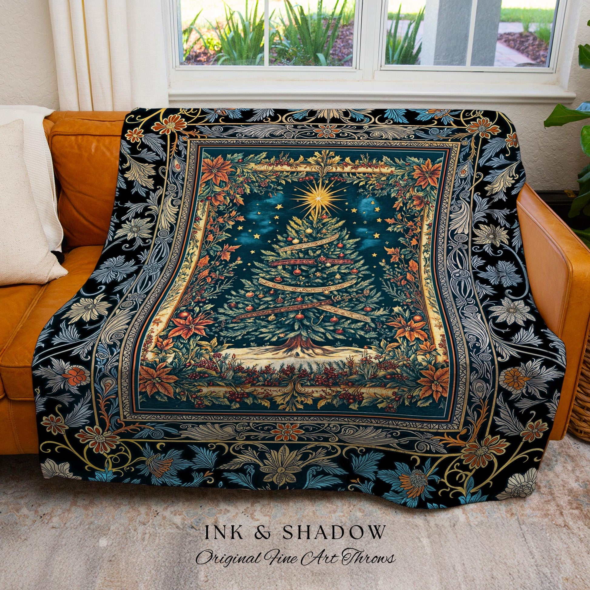 Candlelit Christmas Tree Sofa Throw | Heirloom Blanket Holiday Cabin Decor Cozy Winter Accent Vintage Style Cottagecore Bedspread Festive