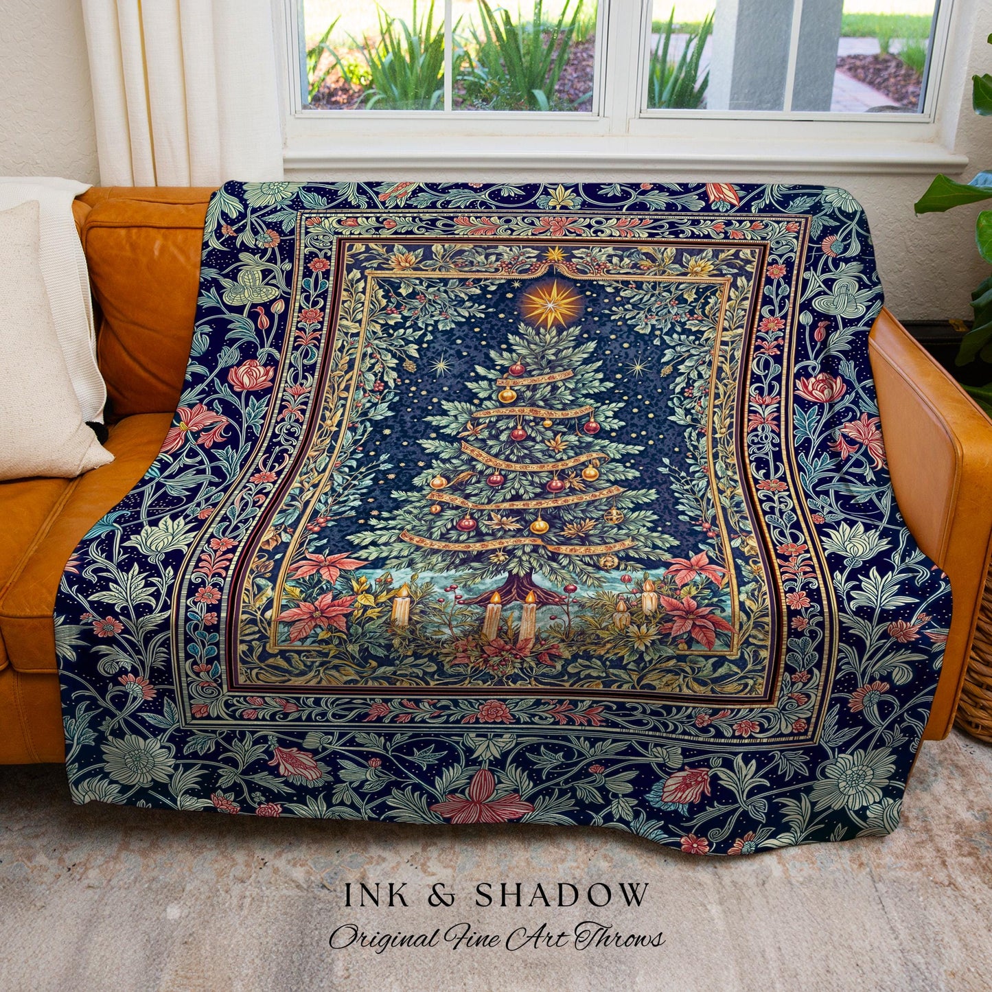 Maximalist Tree Holiday Throw Blanket | Cozy Winter Accent Cottagecore Bedspread Festive Decoration Rustic Woven Blanket Vintage Warm Decor