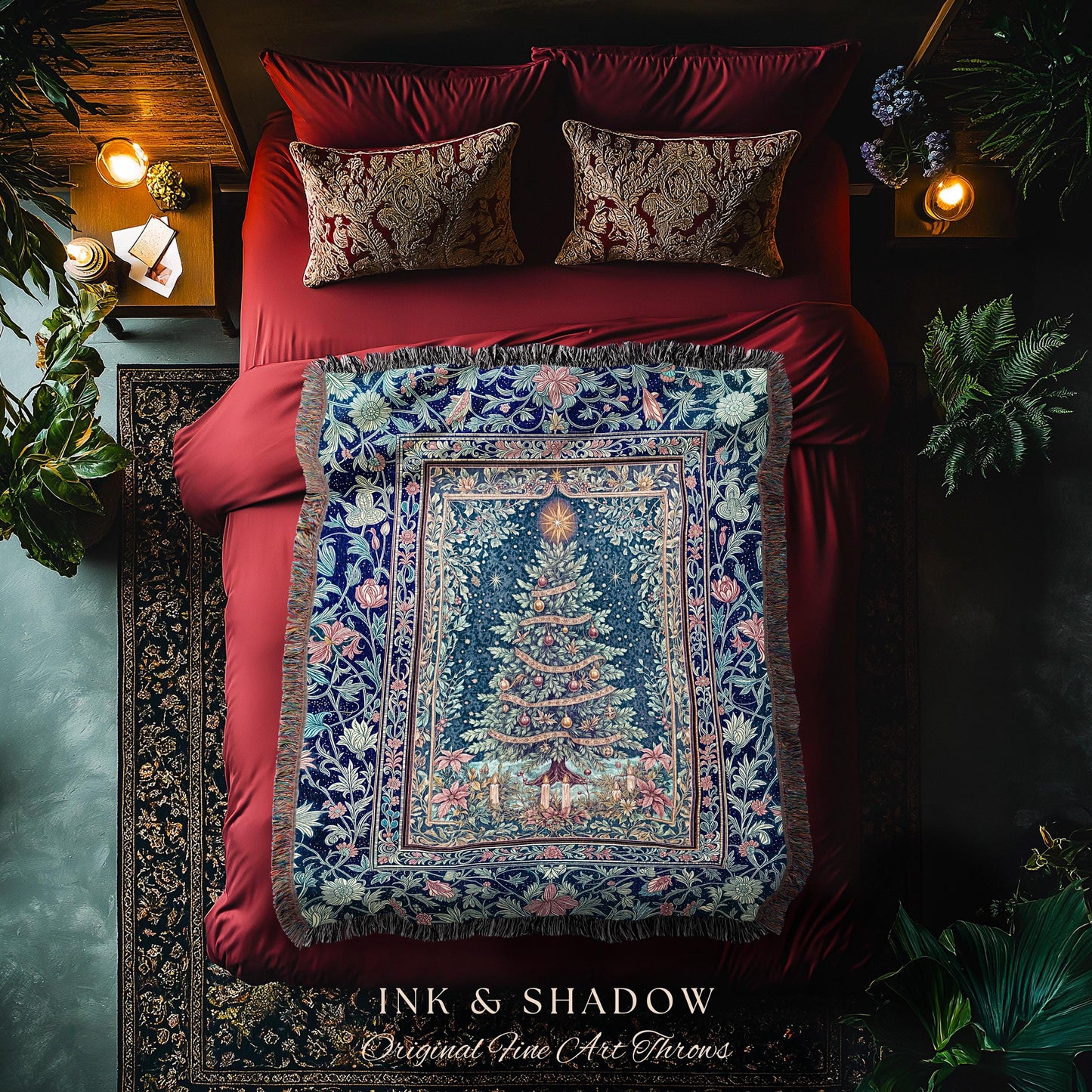 Maximalist Tree Holiday Throw Blanket | Cozy Winter Accent Cottagecore Bedspread Festive Decoration Rustic Woven Blanket Vintage Warm Decor