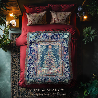 Maximalist Tree Holiday Throw Blanket | Cozy Winter Accent Cottagecore Bedspread Festive Decoration Rustic Woven Blanket Vintage Warm Decor