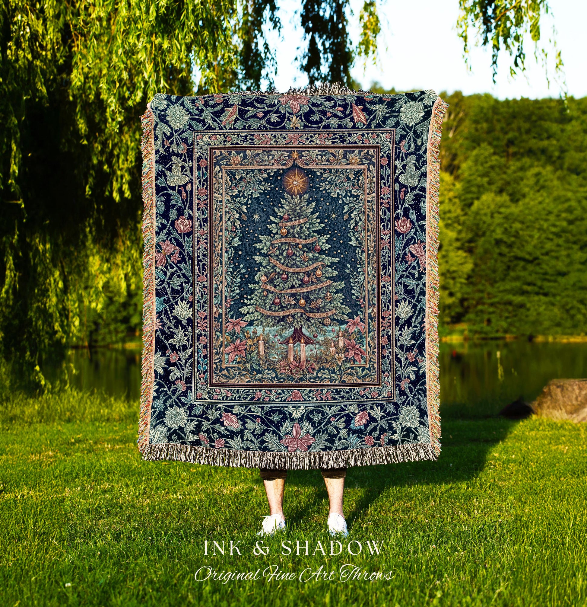 Maximalist Tree Holiday Throw Blanket | Cozy Winter Accent Cottagecore Bedspread Festive Decoration Rustic Woven Blanket Vintage Warm Decor