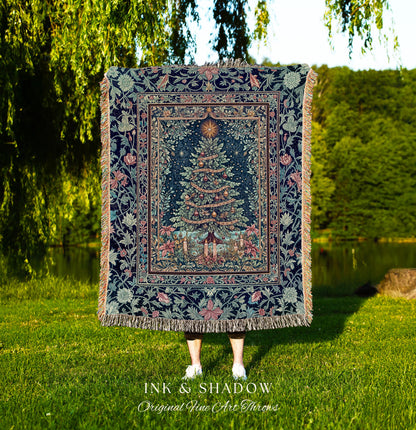 Maximalist Tree Holiday Throw Blanket | Cozy Winter Accent Cottagecore Bedspread Festive Decoration Rustic Woven Blanket Vintage Warm Decor