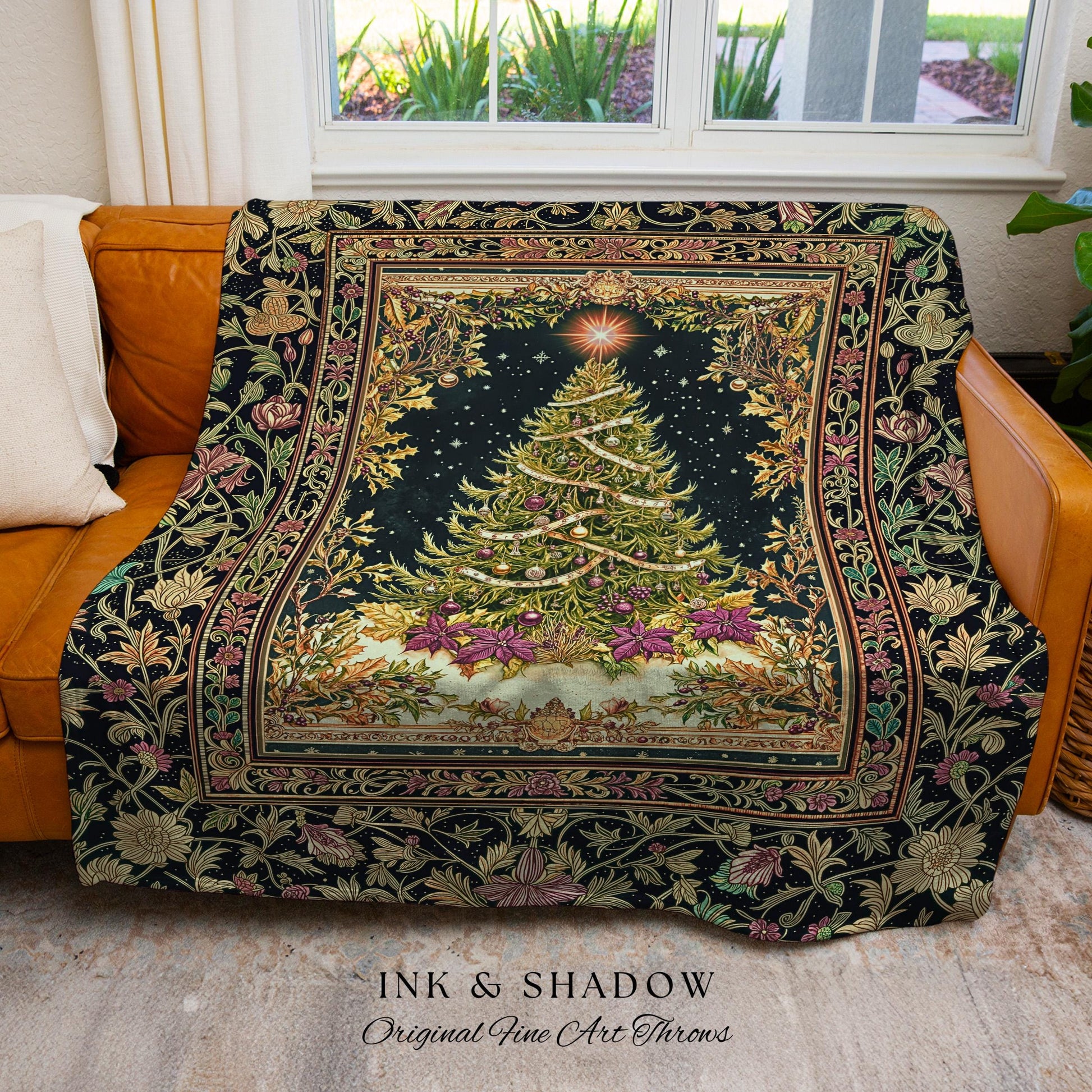 Enchanted Golden Tree Tapestry | Holiday Blanket Cottagecore Accent Festive Bedspread Cozy Winter Style Rustic Decor Vintage Woven Throw |