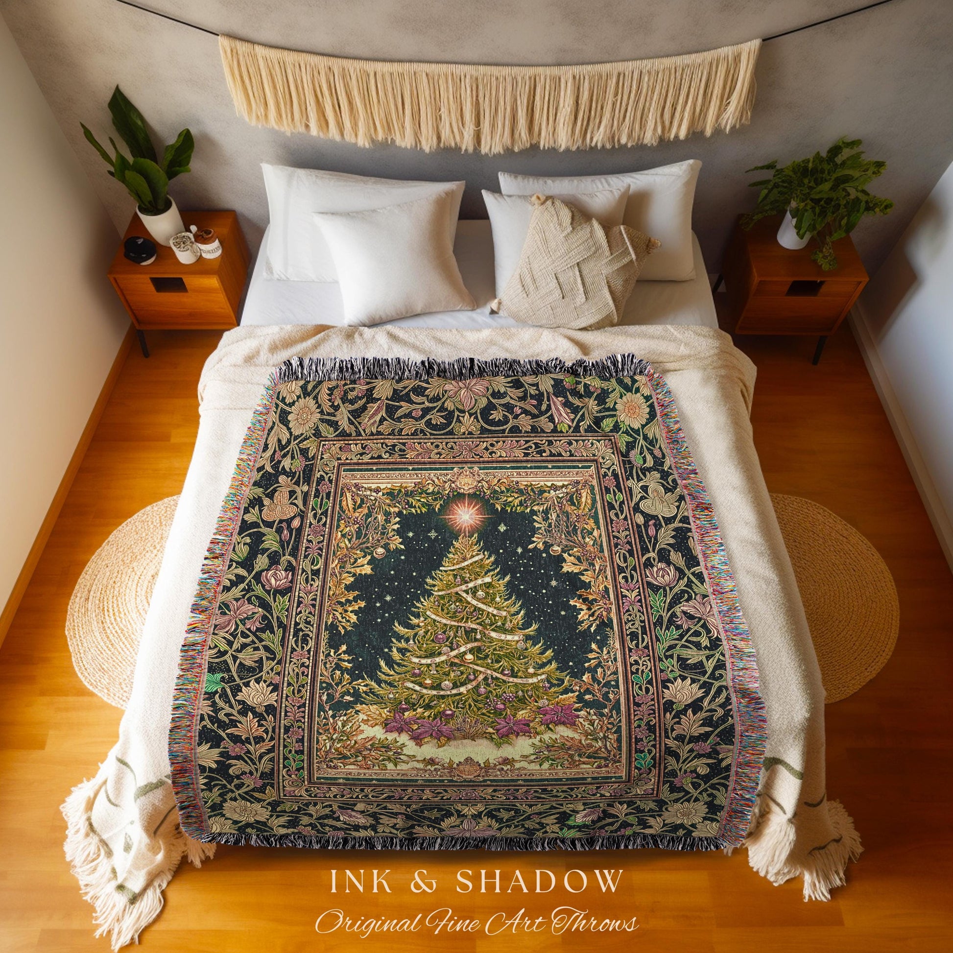 Enchanted Golden Tree Tapestry | Holiday Blanket Cottagecore Accent Festive Bedspread Cozy Winter Style Rustic Decor Vintage Woven Throw |