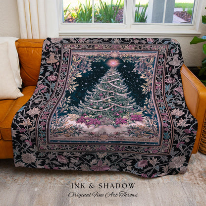 Snowy Holiday Tree Throw Blanket | Cozy Cottagecore Bedspread Winter Xmas Throw Festive Decor Vintage Holiday Accent Rustic Style Tapestry |