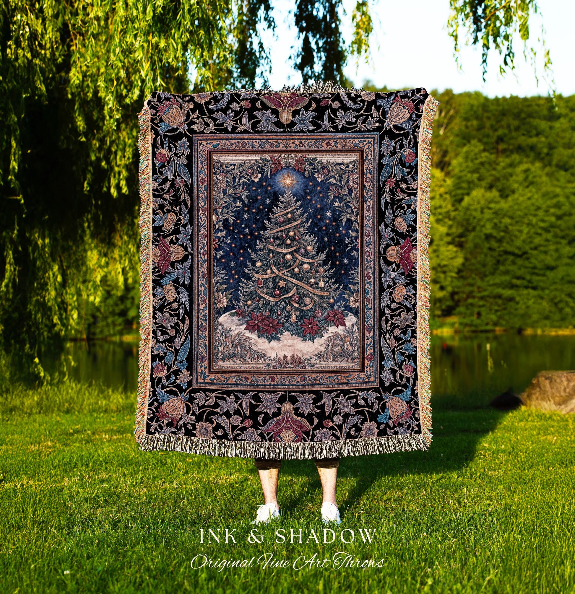Classic Christmas Aesthetic Throw | Festive Whimsical Vintage Style Woven Wall Tapestry Xmas Tree Cozy Blanket Winter Wonderland Holiday |