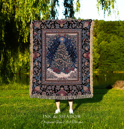 Classic Christmas Aesthetic Throw | Festive Whimsical Vintage Style Woven Wall Tapestry Xmas Tree Cozy Blanket Winter Wonderland Holiday |