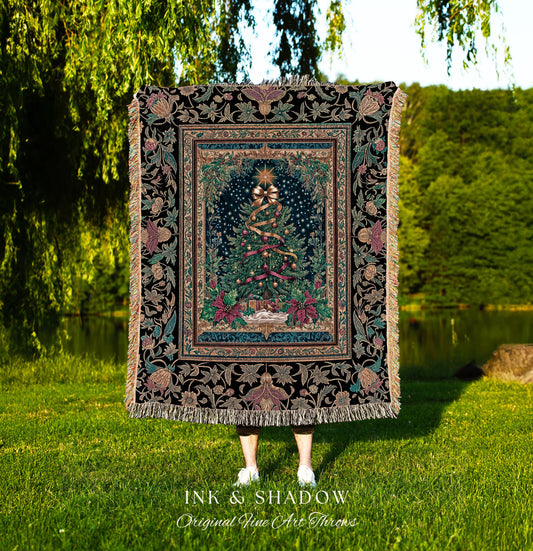 Cottagecore Christmas Tree Tapestry | Cozy Winter Woven Throw Retro Holiday Decor Festive Poinsettia Floral Whimsical Seasonal Blanket Boho